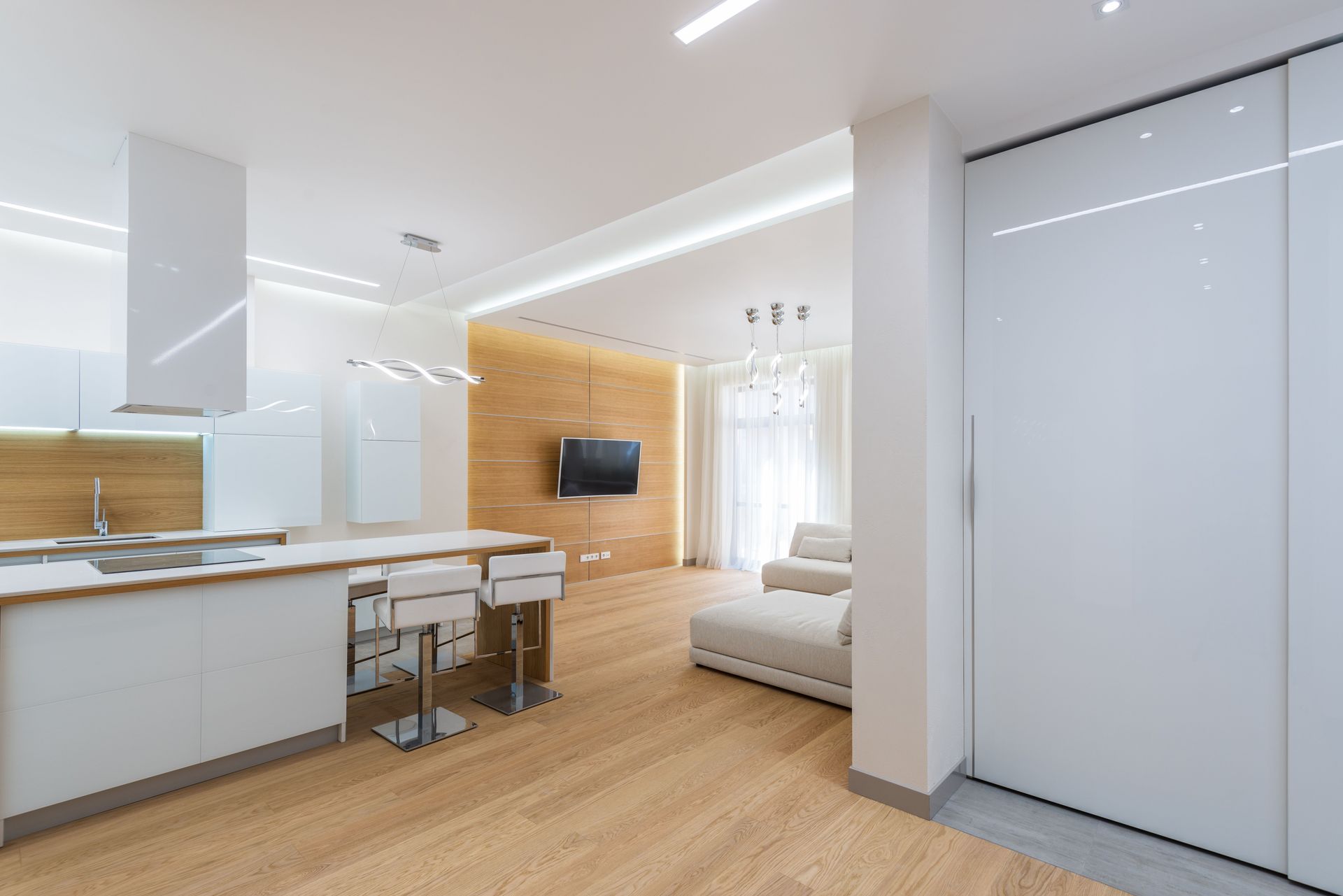 Interior of contemporary spacious apartment with big kitchen zone and living room with TV and sofa